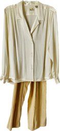 Liz Claiborne Cream Colored Ladies Button-down Collared Blouse Size 10. Carol Little Drawstring Slacks. Golden