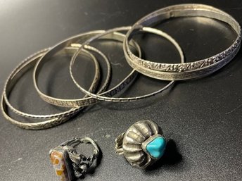 Sterling Silver Bracelets And Gemstone Rings. One Ring Is A Pinky Ring. Bracelets Are Marked Sterling.