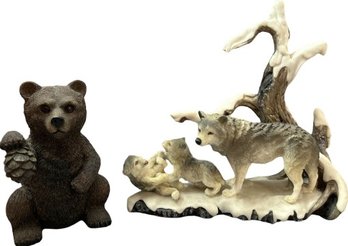 Bear And Wolf Statues (10Wx9.5H) Appears To Be Wood And Ceramic