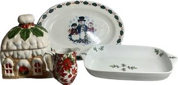 Misc Christmas Dishes. Christmas Cookie Dish Is 6x6x4, Pitcher Is 4 Tall. Sm Platter Is 13x9, Large