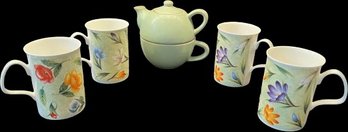 Pale Green Tea Pot With 4 Floral Bone China Tea Cups.