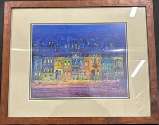 Framed Watercolor Painting Of A Cityscape At Night, Signed By Artist - 22x18in