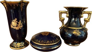 Limoges. Made In France. Porcelain. Black & Goldtone. Vases And Jar.