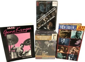 Unopened Jazz Icons 8 DVD Set, Ken Burns Jazz CDs, Gene Krupa Book, Duke Ellington DVD