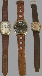 Three Mens Watches With Genuine Leather Bands (all 8). Untested.