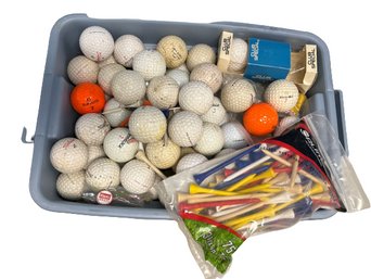 Collection Of Golf Balls And Golf Tees From Orlimar, Titleist, Spaulding And More-Container Dimensions 14x9x7