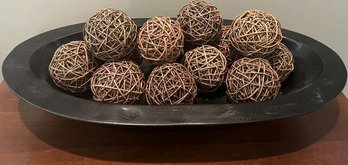 Crate & Barrel Decorative Wooden Bowl With Round Wood Balls.