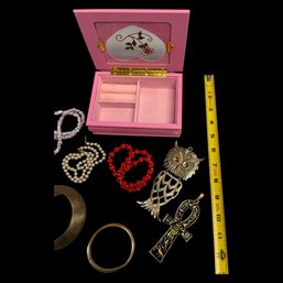 Pink Jewelry Box With Pendants, Bracelets
