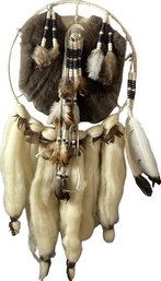 Dream Catcher With Brown Faux Fur Centerpiece, Beads/Feathers And Cotton Like Tails 13Wx32H