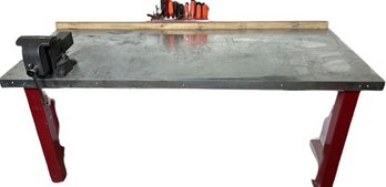 Large Work Bench With Hilton Vice Grip & Long Screw Drivers - 72Lx30Wx31H, Top Is Wrapped In Sheet Metal