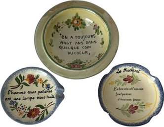 Two Blue Saucers With Quotes And One Green Bowl With A Quote, From France And Italy