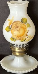 Vintage Fenton Milk Glass Hurricane Table Lamp With Yellow Roses - Tested And Working