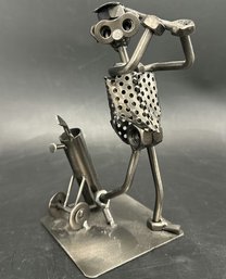 Whimsical Metal Golfer Sculpture With Golf Cart, 8 In