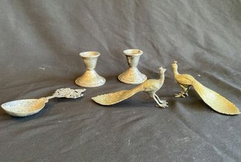 Stamped Metal Spoon  6.25x2,  2 Metal Peacock Figurines 5.5x3x1, 2 Metal Candlesticks 2.5x2.5