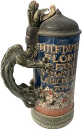 Mettlach Stein #1786. Dragon Handle Scene Of Town On Fire High Glaze Appraisal Done In 1975, $475