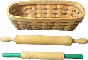 Woven Basket & 2 Wooden Rolling Pins.