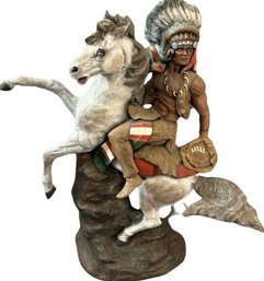 American Indian Themed Chief Riding Stallion Ceramic Statue (Approximately 16.5x16x6)