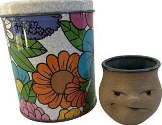 Vintage Floral Canister Of Marbles And Pinch Face Pot