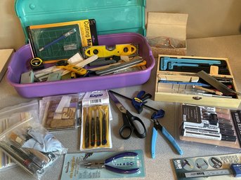 Assorted Crafting Tottols-Tweezers, Blades, Level, In Plastic Bin With Handles