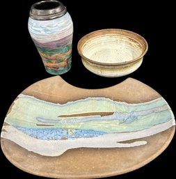 Handcrafted Bowl, Vase, And Plate. Artist Signatures Pictured - Plate Is 16'