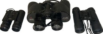 Binoculars- Tasco 8x21, Manon 7x35 Extra Wide, & Bushnell 10x25. All In Good Working Condition