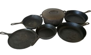 6 Cast Iron Pans, 1 Lid