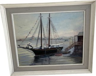 Framed Sailboat Themed Acrylic Painting Signed By Artist (21x25)