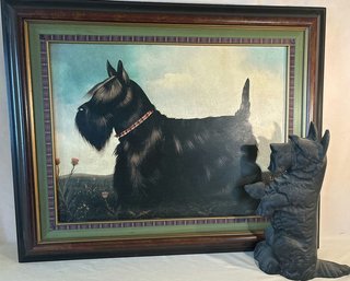 Framed Scottish Terrier Painting 31x26and Steel Scotty Statue 14.5x9