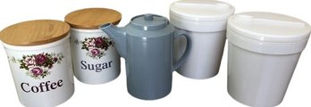 Coffee & Sugar Canisters, Blue Pitcher, 2 Plastic Storage Containers - 5'