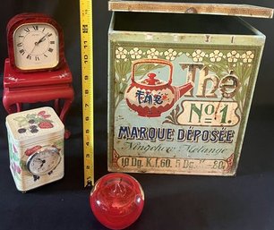 The Marque Deposee Tea Box, Clocks & Glass Apple.
