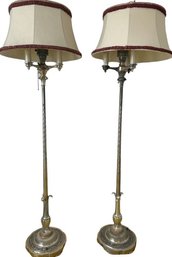 Pair Of Matching Silver Tone Quad-bulb Lamps With Floor Bulbs & Detachable Shades- 64in Tall