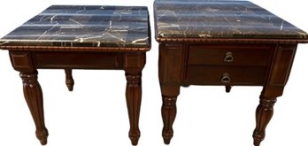 Rectangular Cherry End Tables With Marble Tops- 30Lx26Wx24-26H