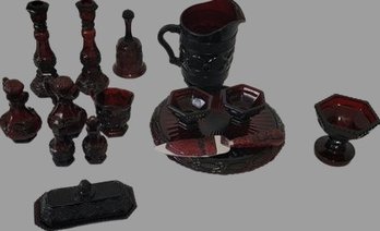 Avon Red Glass Wear- Includes Candlestick Holders, Large Pitcher, Cake Platter, Butter Dish & More!