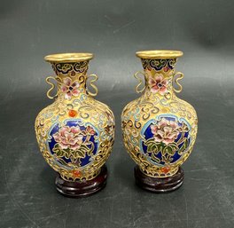 Pair Of Chinese Cloison Vases With Colorful Lotus Blossoms, 5 In Height