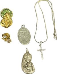 Silver ToneCross Necklace, Madonna With Child Pendant, Angel Pin