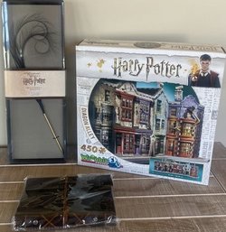 NIB/packaging Harry Potter Brown Leather Writing Journal, Quill And 450piece 3D Diagon Alley Puzzle.