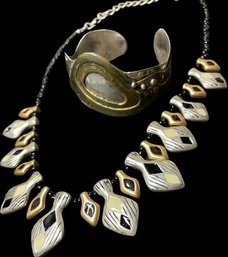 Necklace And Cuff Bracelet. Goldtones & Silvertones. Bracelet Is Signed By Artist, Alan King, 1982.