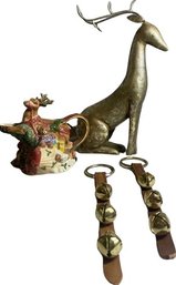 Ceramic Reindeer Pitcher, 2 Brass And Leather Sleigh Bells, Lg Reindeer Figurine.