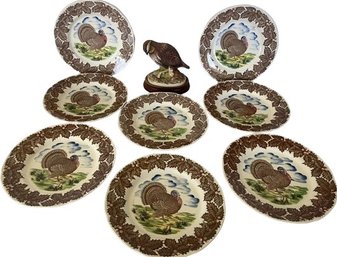 Eight Turkey Dinner Plates & Bobwhite Quail Figurine.