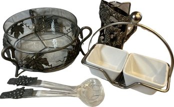 Silver Tone/ Glass/ White Serving Items: Bowl (sm Chip), Wine Pourer And More!