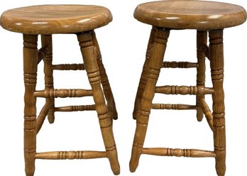 Pair Of Swiveling Wooden Stools- Light Weathering, 15Wx24.5T