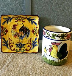 Yellow Rooster Plate (9x9) And Cordonbleu Utensil Holder (6.5 Tall)