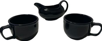 Fiesta Ware Gravy Boat (stamped 8x4.25) & Soup Mugs (not Stamped 4.75). Believed To Be Cobalt Blue.