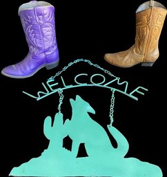 Ceramic Cowboy Boot Decor And Welcome Sign