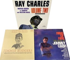 Classic Country Vinyl Records (3) Includes: Ray Charles, Johnny Cash, And Jimmie Rodgers