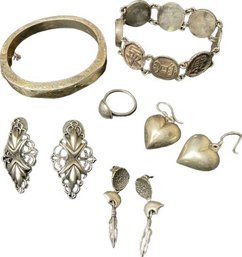Bracelets, Ring, Pierced Earrings, Some Sterling - See Photos For Markings