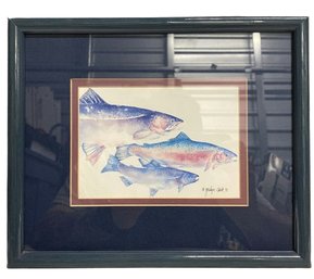 Framed Watercolor Print Of Trout Signed By Artist Jocelyn Slack 1990-10.5x9