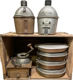 Tin Mess Kits & Canteens, & Vintage Broken Coffee Grinder With Anheuser Busch Crate