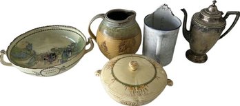 Kitchen Servingware, Plates, Silver Teapot, Enameled Enema Pot And Many More