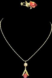 Gold Tone Necklace With Rose And Rose Pin